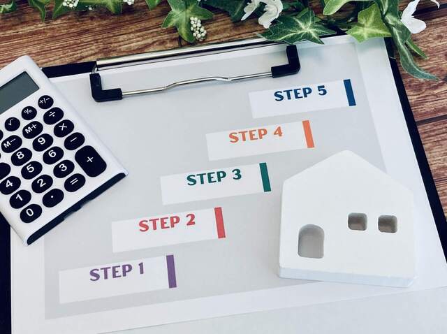 家の模型とステップ計画図と電卓